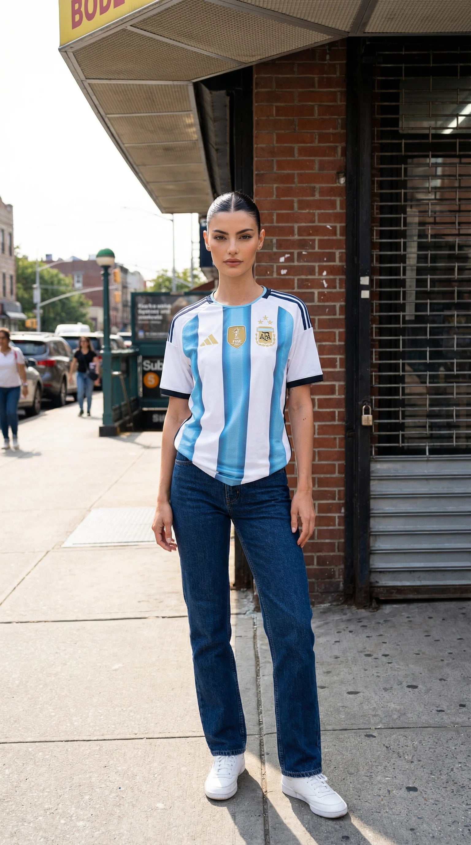 Person wearing an Argentina jersey on a city street