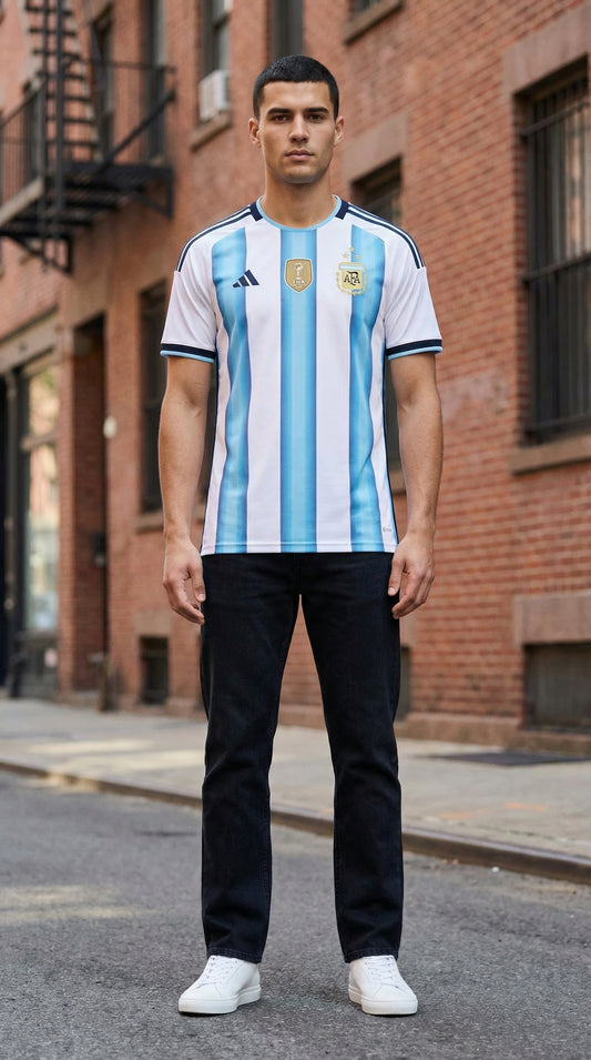 Person wearing a blue and white striped sports jersey on a city street.