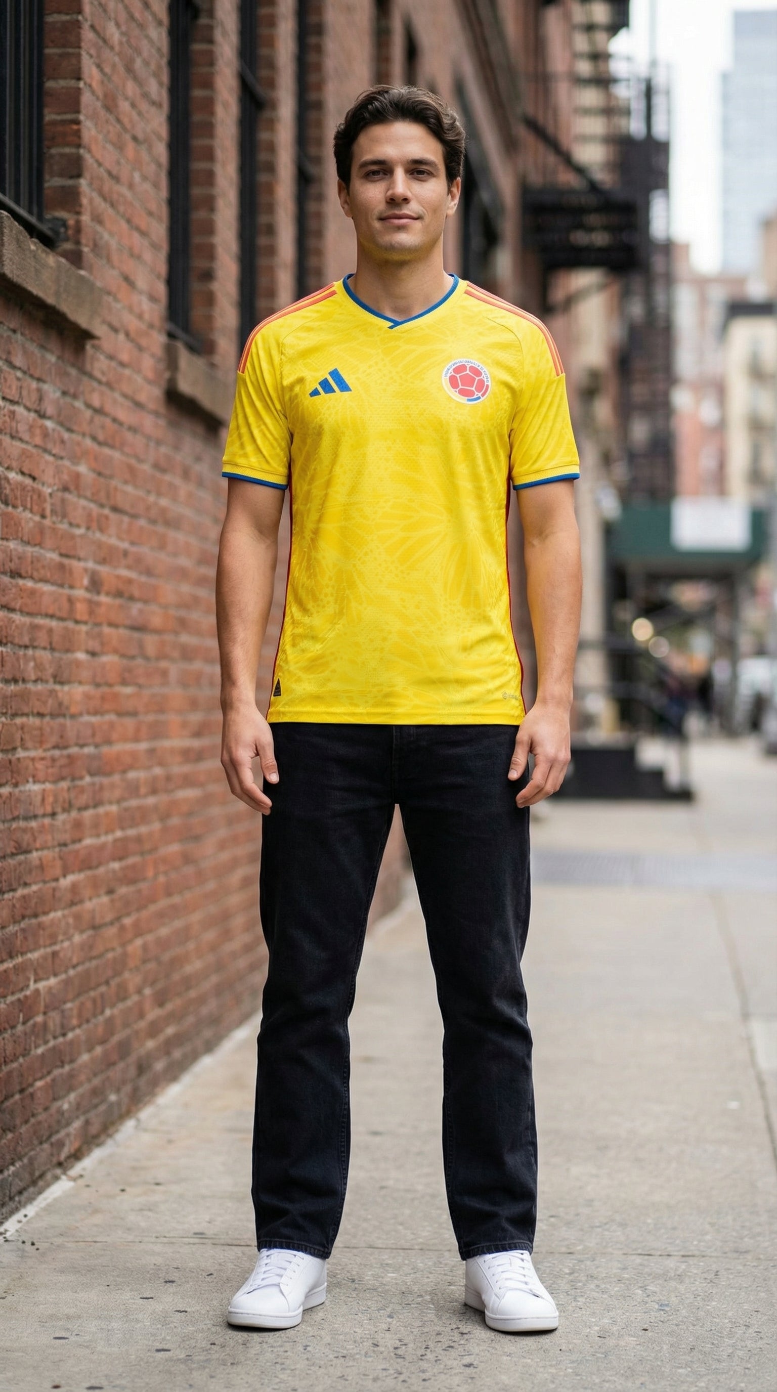 Person wearing a yellow soccer jersey on a city street